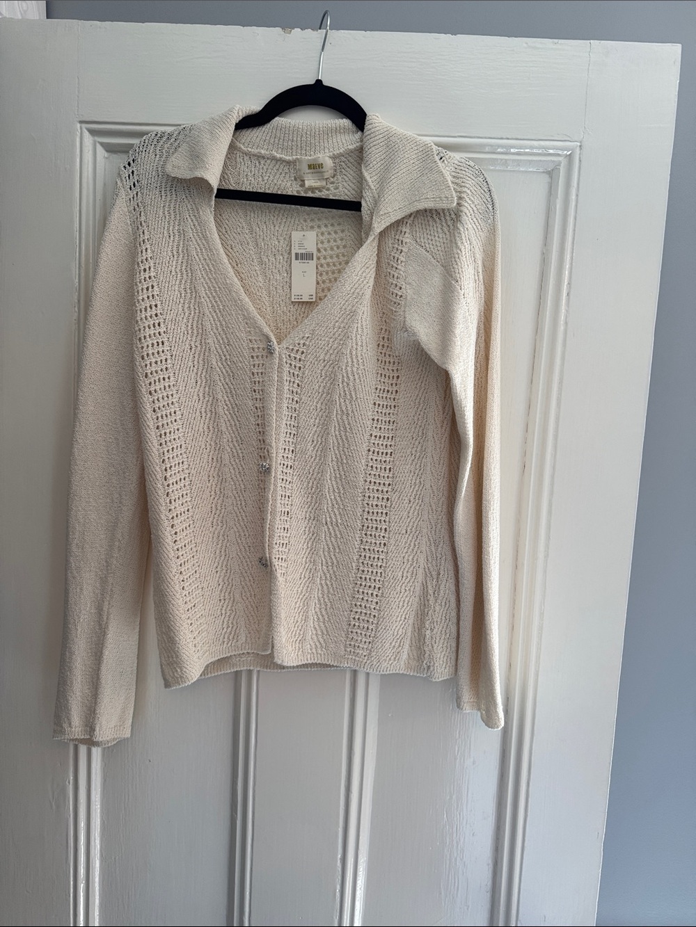 Maeve Cream Open-Knit Collared Button Cardigan